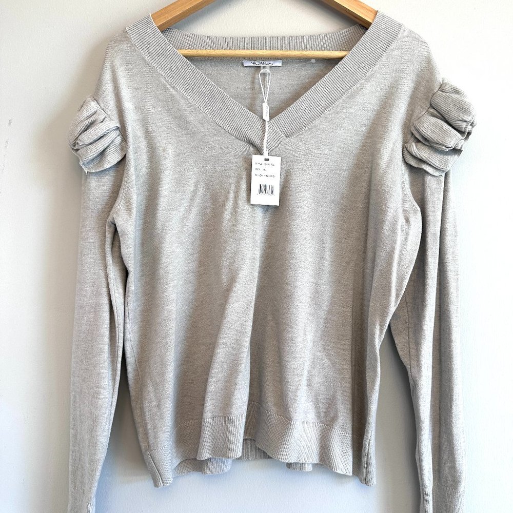 NEW Vila Milano Vneck Ruffled Shoulder Soft Relaxed Sweater Grey NWT Women's XL
